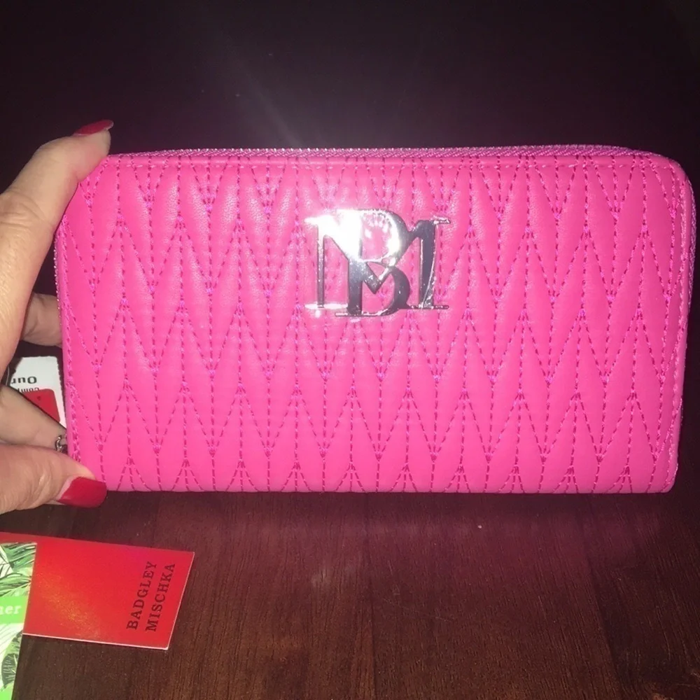 Badgley Mischka Wallet Hot Pink braid stitching Vegan NWT